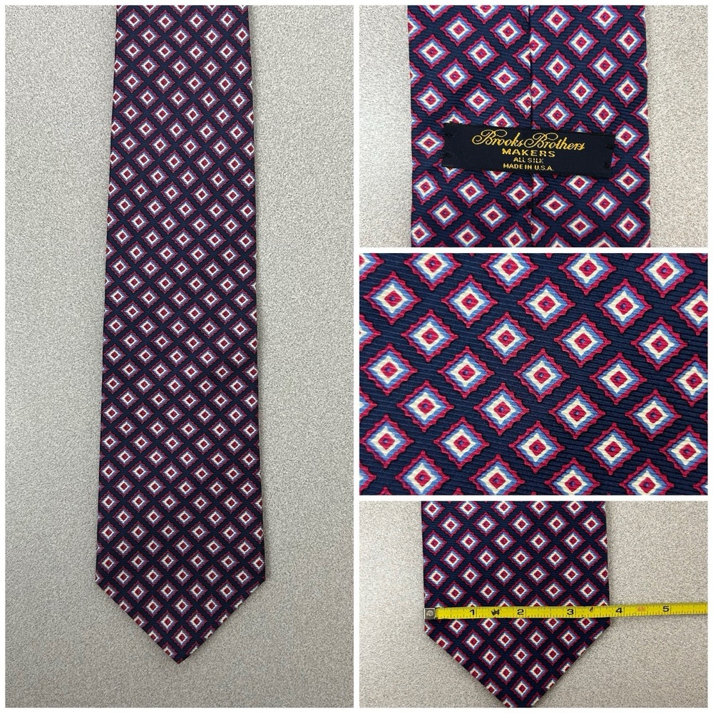 Brooks Brothers Makers Silk Tie Blue Red Geometric Square 57" Necktie Made USA